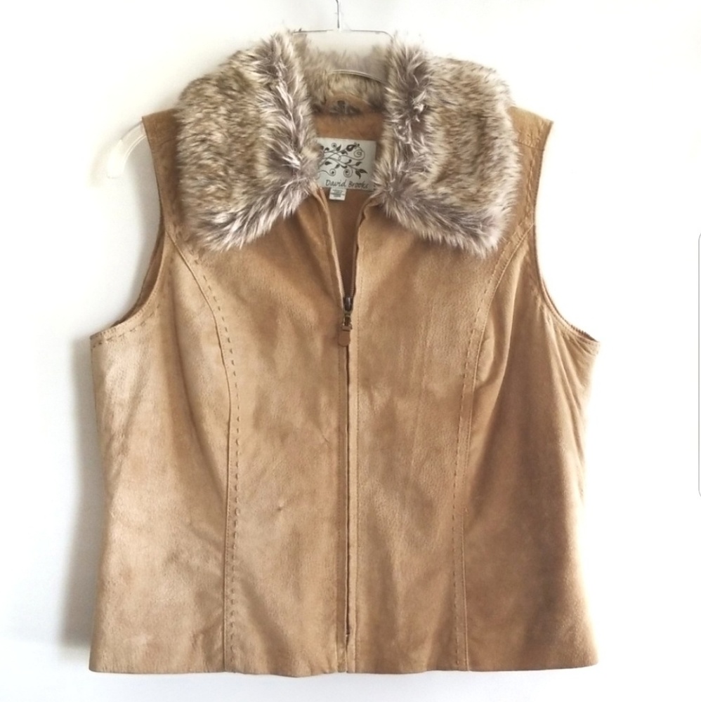Tan Suede Leather quilted Vest faux fur collar - Picture 1 of 8